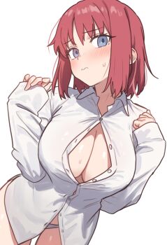 1girl blue_eyes blush breasts button_gap cleavage collared_shirt commentary ebora english_commentary highres hisui_(tsukihime) large_breasts long_sleeves looking_at_viewer panties red_hair shirt short_hair solo tsukihime underwear white_panties white_shirt