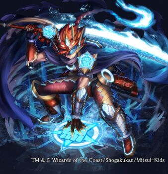 Rule 34 | 1boy, armor, armored boots, assault visor, blue visor, boots, braid, cloak, closed mouth, commentary request, copyright notice, duel masters, fake horns, fiery hair, fingerless gloves, glenmalt (duel masters), gloves, glowing, glowing sword, glowing weapon, hair over one eye, hand on ground, helmet, holding, holding sword, holding weapon, horned helmet, horns, long hair, magic circle, murakami hisashi, muscular, muscular male, official art, purple cloak, red armor, single braid, solo, sword, vambraces, weapon