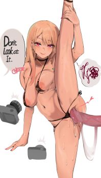 1girl absurdres animal_penis bestiality bikini black_bikini black_choker blonde_hair blush breasts camera choker ear_piercing earrings english_text exhibitionism fingernails flexible highres horse_penis jewelry kitagawa_marin leg_lift leg_up long_hair looking_at_viewer mamimi_(mamamimi) medium_breasts multicolored_hair nail_polish navel necklace nipples penis piercing public_indecency red_eyes sketch smile solo_focus sono_bisque_doll_wa_koi_wo_suru speech_bubble split standing standing_on_one_leg standing_split swimsuit uncensored