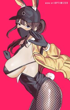 1girl animal_ears artist_name baseball_cap bikini black_bikini black_hat black_leotard breastless_clothes breasts brown_hair detached_collar dima_(girls&#039;_frontline) fake_animal_ears fake_tail fishnet_pantyhose fishnets from_side girls&#039;_frontline hat highleg highleg_leotard highres io_troublemaker jacket large_breasts leotard long_hair mask mouth_mask necktie pantyhose playboy_bunny ponytail rabbit_ears rabbit_tail sideboob simple_background solo strapless strapless_leotard swimsuit tail yellow_jacket