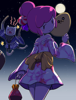 >:o 1boy 1girl :o adventure_time back blush_stickers breasts colored_skin drum drumsticks finn_the_human floral_print food-themed_hair_ornament from_behind frown full_moon hair_bun hair_ornament half-closed_eyes hand_fan instrument jake_the_dog japanese_clothes jumping kimono long_sleeves looking_back moon night nollety off_shoulder open_mouth pink_hair pink_skin princess_bonnibel_bubblegum single_hair_bun sky smile solo_focus star_(sky) starry_sky taiko_drum teeth v-shaped_eyebrows wide_sleeves