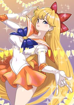 1girl aino_minako bishoujo_senshi_sailor_moon blonde_hair blue_eyes bow earrings gloves heart highres jewelry kuwango long_hair looking_at_viewer miniskirt red_bow sailor_venus short_sleeves skirt very_long_hair