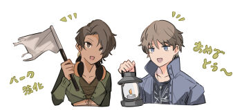 1boy 1girl a_nightmare_on_elm_street black_shirt blue_jacket brown_eyes candle collarbone crop_top cropped_torso dark-skinned_female dark_skin dead_by_daylight earrings fire flag hair_behind_ear headphones headphones_around_neck highres holding holding_flag holding_lantern jacket jewelry lantern portrait quentin_smith shirt smile stack_(sack_b7) zarina_kassir