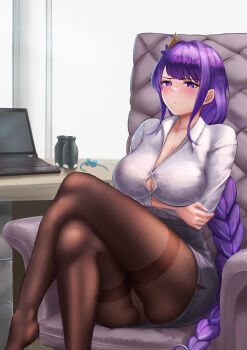 1girl absurdres alternate_costume black_pantyhose blunt_bangs blush braid breasts cleavage collared_shirt commentary_request computer crossed_legs dango_milk_(genshin_impact) embarrassed genshin_impact grey_shirt hair_ornament highres huge_breasts indoors kareya_(jixo95821699) laptop long_braid long_hair looking_at_viewer looking_to_the_side mole mole_under_eye panties panties_under_pantyhose pantyhose partially_unbuttoned purple_eyes purple_hair raiden_shogun red_ribbon ribbon shirt single_braid sitting solo thighs underwear