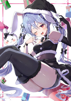 Rule 34 | 1girl, absurdres, bare shoulders, black bow, black gloves, black shirt, black skirt, black thighhighs, blush, bow, candy cane hair ornament, clothes around waist, commentary, crop top, don-chan (usada pekora), elbow gloves, food-themed hair ornament, fur-trimmed shirt, fur-trimmed skirt, fur trim, gloves, grey hair, hair between eyes, hair bow, hair ornament, hat, highres, hololive, long hair, looking at viewer, mi kamii2, one eye closed, open mouth, pekomon (usada pekora), santa hat, shirt, skirt, smile, solo, symbol-only commentary, thigh strap, thighhighs, usada pekora, virtual youtuber, white background