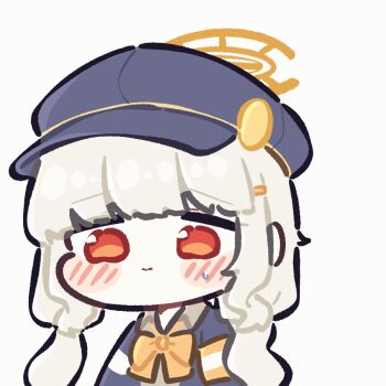 1girl animated animated_gif aoba_(blue_archive) armband black_hat blonde_hair blue_archive blush bow bowtie newsboy_cap chibi hair_ornament halo hat jacket long_hair looking_at_viewer low_twintails middle_finger orange_halo piki_(itpiki) red_eyes simple_background solo twintails white_background yellow_armband yellow_bow yellow_bowtie