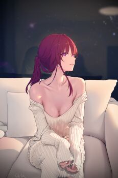 1girl absurdres alternate_costume breasts cleavage collarbone couch dead_knight_(20355611) dress earrings highres honkai:_star_rail honkai_(series) indoors jewelry kafka_(honkai:_star_rail) long_hair long_sleeves low_ponytail off-shoulder_dress off_shoulder on_couch ponytail purple_eyes purple_hair single_earring sitting smile solo_focus