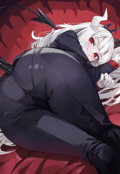 1girl absurdres ass ass_focus black_tail blush business_suit closed_mouth demon_girl demon_horns demon_tail formal_clothes gloves hairband helltaker highres horns huge_ass long_hair long_sleeves looking_at_viewer lucifer_(helltaker) mole mole_under_eye pantylines red_eyes smile solo spiked_hairband spikes suit suujiniku tail white_gloves white_hair white_horns