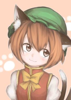 1girl :3 absurdres animal_ear_fluff animal_ears bow bowtie brown_eyes brown_hair cat_ears cat_tail chen closed_mouth commentary_request green_hat hat highres mob_cap multiple_tails oninamako red_vest short_hair smile solo tail touhou two_tails vest yellow_bow yellow_bowtie