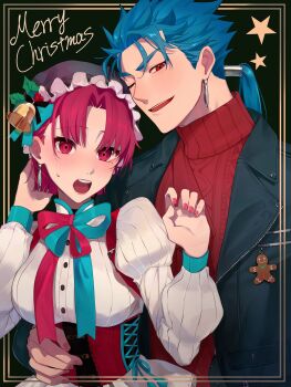 1boy 1girl bazett_fraga_mcremitz blue_hair blush commentary_request cu_chulainn_(fate) earrings fate/stay_night fate_(series) formal_clothes highres jacket jewelry leather leather_jacket merry_christmas ponytail spiked_hair sweater teba-age