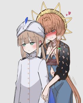 Rule 34 | 1boy, 1girl, androgynous, belt, black sleeves, blonde hair, blue eyes, blue hair, blue overalls, blush, braid, breasts, brown hair, captain nemo (fate), captain nemo (first ascension) (fate), commentary request, crown braid, fate/grand order, fate (series), flower, gradient hair, green eyes, hat, hat feather, heart, highres, jacket, long hair, long sleeves, military uniform, multicolored hair, naval uniform, navel, nemo (fate), overalls, puffy sleeves, shaded face, side braid, simple background, small breasts, smile, sunflower, tanutika, turban, twintails, van gogh (fate), van gogh (first ascension) (fate), white turban