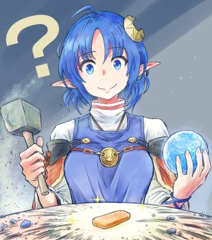 1girl ahoge blue_eyes blue_hair breasts cake cape closed_mouth crafting crescent crescent_hair_ornament food gameplay_mechanics hair_ornament highres nemimin pointy_ears red_cape rena_lanford short_hair smile solo star_ocean star_ocean:_the_second_story tools
