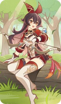 1girl amber_(100_outrider)_(genshin_impact) amber_(genshin_impact) animal_on_arm bad_source bird bird_on_arm boots bow_(weapon) brown_hair colored_inner_hair genshin_impact gloves high_heel_boots high_heels holding holding_bow_(weapon) holding_weapon long_hair looking_at_viewer multicolored_hair official_alternate_costume official_art open_mouth outdoors red_thighhighs short_sleeves sitting smile solo sunlight thigh_boots thighhighs weapon white_boots white_gloves