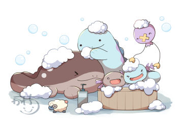 bathing bathtub bubble clodsire closed_eyes closed_mouth drifloon gen_2_pokemon gen_4_pokemon kawachi_(hina) mareep nintendo no_humans open_mouth paldean_wooper pokemon pokemon_(creature) pokemon_focus quagsire simple_background smile soap soap_bubbles water white_background wooper