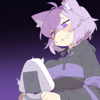 1girl absurdres ahoge animal_ear_fluff animal_ears black_background breasts cocomayo29_(tomato) commentary_request drooling gradient_background hair_between_eyes hands_on_another's_shoulders highres hololive hood hoodie korean_commentary large_breasts long_sleeves looking_at_another nekomata_okayu nekomata_okayu_(1st_costume) nervous_sweating onigirya_(nekomata_okayu) puffy_sleeves purple_background purple_eyes purple_hair purple_hoodie simple_background sweat virtual_youtuber