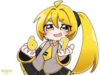 1girl 67_(meme) ahoge akita_neru arm_tattoo artist_name black_skirt black_sleeves blonde_hair blush collared_shirt grey_shirt hair_between_eyes hair_tie highres long_hair long_sleeves looking_at_viewer meme microphone necktie open_mouth pleated_skirt serotorin shirt side_ponytail skirt sleeveless sleeveless_shirt smile solo tattoo upper_body vocaloid white_background yellow_eyes yellow_necktie yellow_trim