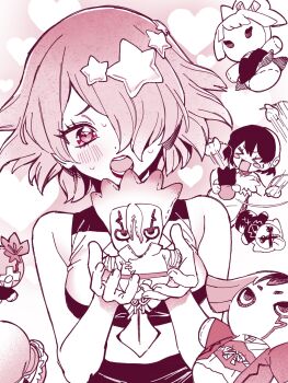 Rule 34 | 2girls, asagiri gen, blush, breasts, character doll, doll, dr. stone, hair ornament, hair over one eye, heart, heart-shaped pupils, heart background, highres, ishigami senkuu, kohaku (dr. stone), koushikitarou (oisiine8931), lips, luna wright, monochrome, multiple girls, ogawa yuzuriha, open mouth, red lips, short hair, sleeveless, star (symbol), star hair ornament, striped clothes, suika (dr.stone), sweat, sweatdrop, symbol-shaped pupils, xeno (dr.stone)