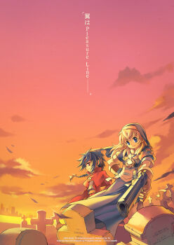 1boy 1girl 2004 archived_source artist_name bad_link blonde_hair blue_dress blue_eyes blue_hair blue_sleeves blue_vest braid braided_ponytail breasts brown_gloves brown_sleeves buttons cape capelet chrno_crusade chrono_(chrono_crusade) closed_mouth cloud cocked_hammer collared_cape corset cross crossed_bangs dated dress english_text gloves gold_buttons graveyard guimpe hair_between_eyes hand_on_own_hip headband high_collar latin_cross leaf long_dress long_hair looking_at_viewer low-braided_long_hair low-tied_long_hair low_ponytail medium_breasts nun orange_sky pants pelvic_curtain pendant_watch pink_sky ponytail profile puffy_short_sleeves puffy_sleeves red_cape red_capelet red_headband red_pants rosette_christopher shirt short_sleeves sidelocks single_braid sky sleeve_cuffs smile standing straight_hair tiv tombstone translation_request underbust vest warm_colored watch white_corset white_shirt