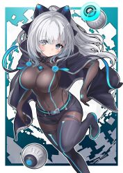 Rule 34 | 1girl, absurdres, ameyu (rapon), black bodysuit, blue eyes, bodysuit, boots, breasts, drone, grey hair, highres, large breasts, long hair, looking at viewer, original, solo, thigh boots, thighs