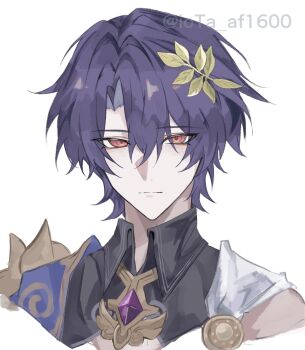 1boy black_shirt closed_mouth collared_shirt commentary dr._ratio_(honkai:_star_rail) gem hair_between_eyes hair_ornament highres honkai:_star_rail honkai_(series) iota_1600 looking_at_viewer male_focus portrait purple_gem purple_hair red_eyes shirt short_hair simple_background solo twitter_username white_background