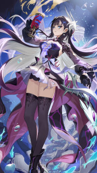 1girl absurdres asymmetrical_gloves black_boots black_gloves black_shorts black_shrug black_thighhighs blue_eyes boots breasts bubble chalice chinese_commentary commentary_request cup dress earclip fish gloves hair_ornament half_gloves hand_up high_heel_boots high_heels highres holding holding_cup honkai:_star_rail honkai_(series) hysilens_(honkai:_star_rail) long_sleeves medium_breasts mismatched_gloves parted_lips purple_dress red_gloves rx-c scales see-through_body shorts shrug_(clothing) solo thighhighs thighs