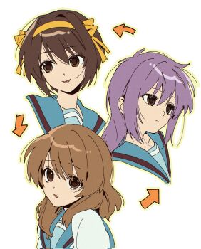 3girls alternate_hairstyle arrow_(symbol) asahina_mikuru brown_eyes brown_hair hairband highres kkoo7 multiple_girls nagato_yuki purple_hair suzumiya_haruhi suzumiya_haruhi_no_yuuutsu tongue tongue_out white_background yellow_hairband