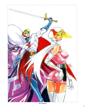 1girl 2boys abs ass belt bodysuit breasts cape character_request curvy gatchaman gloves helmet highres holding holding_sword holding_weapon jun_the_swan ken_the_eagle large_breasts looking_at_viewer looking_up multiple_boys muscular oobari_masami scan scar scar_on_face shiny_skin superhero_costume sword weapon white_bodysuit wide_hips