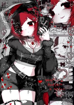 1girl :&lt; animal_hat arm_strap arm_up asymmetrical_legwear bag bandages belt black_hair black_nails black_skirt black_streaks blunt_bangs blush bow braid braided_bangs breasts buckle cat_hat chain charm_(object) cleavage collage collar commission contrapposto crop_top cropped_jacket cross cross_necklace cross_ornament fur-trimmed_jacket fur_trim grey_shirt hair_ornament hair_over_one_eye hairclip hashtag-only_commentary hat heart-shaped_charm heart_(organ) highres holding holding_phone jacket jewelry long_sleeves medium_breasts miniskirt multicolored_hair multiple_views nail_art necklace original pakiruchang phone punk razor_blade_hair_ornament red_bow red_eyes red_hair red_ribbon ribbon ring rosary safety_pin shirt shoulder_bag sidelocks skeb_commission skirt solo spiked_collar spiked_legwear_garter spiked_wristband spikes star_(symbol) star_hair_ornament streaked_hair thigh_gap thighhighs torn_clothes torn_thighhighs wallet_chain wolf_cut zipper