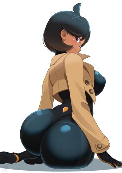 1girl :3 ahoge alternate_breast_size_(larger) ass black_bodysuit black_hair blush bodysuit bodysuit_under_clothes breasts brown_jacket covered_erect_nipples curvy dark-skinned_female dark_skin emma_(pokemon) from_behind full_body highres huge_ass impossible_bodysuit impossible_clothes jacket kayu_(solemnly0) large_breasts latex latex_bodysuit looking_at_viewer looking_back nintendo pokemon pokemon_legends:_z-a purple_eyes shiny_clothes short_hair simple_background sitting skin_tight smile solo white_background wide_hips