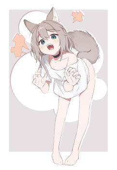+++ 1girl absurdres animal_ears barefoot bent_over black_choker blue_eyes choker claw_pose dog_ears dog_girl dog_tail full_body grey_hair highres long_hair looking_at_viewer naked_shirt no_pants off_shoulder open_mouth original riya_(01214) shirt short_sleeves simple_background solo standing tail white_shirt