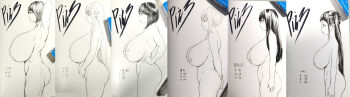 6+girls arms_behind_back arms_up black_hair breasts bust_chart commentary_request completely_nude gigantic_breasts glasses highres huge_breasts large_breasts large_nipples legs_out_of_frame long_ears long_hair measurements monochrome multiple_girls muscular muscular_female nude piero profile bad_tag short_hair signed smile standing tagme traditional_media twintails