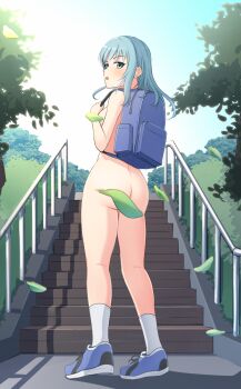 1girl aqua_eyes aqua_hair ass backpack bag blue_shoes blush breasts commentary_request convenient_censoring exhibitionism highres leaf long_hair looking_at_viewer looking_back nude open_mouth original outdoors public_indecency public_nudity shoes sideboob socks solo stairs standing thames3 tree white_socks zenra
