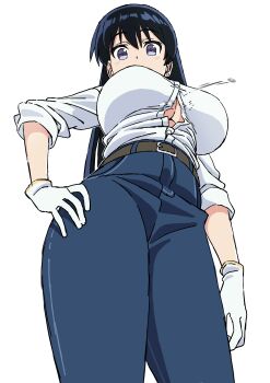 1girl absurdres arato_nagi belt black_hair blue_eyes breasts bursting_breasts button_gap cleavage commentary_request denim earrings flying_button from_below gloves highres jeans jewelry large_breasts long_hair looking_at_viewer mugi0913 pants popped_button ruri_no_houseki shirt simple_background solo stud_earrings underboob wardrobe_malfunction white_background white_gloves white_shirt