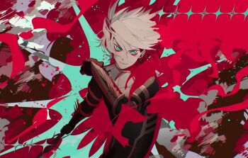 1boy blue_eyes cape collar eyeshadow eyeshadow_under_eye fate/apocrypha fate/grand_order fate_(series) fur_cape hair_between_eyes highres holding holding_polearm holding_weapon jewelry jun_canopus karna_(fate) looking_at_viewer makeup male_focus pale_skin polearm red_eyeshadow short_hair solo spiked_collar spikes upper_body weapon white_hair