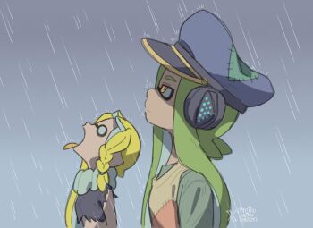 2girls agent_3_(splatoon) agent_3_(splatoon_3) ariamikukanzaki asymmetrical_hair blank_eyes blonde_hair blue_hat blue_shirt braid brown_shirt captain_3_(splatoon) commentary cropped_shirt derivative_work expressionless goku_and_vegeta_in_the_rain_(meme) green_eyes green_hair green_shirt grey_skirt hair_tie hashtag-only_commentary hat headgear looking_up meme multiple_girls nintendo outdoors patchwork_clothes peaked_cap rain shirt side_braid skirt splatoon_(series) splatoon_3 tentacle_hair tongue tongue_out torn_clothes twintails twitter_username twitter_x_logo yellow_eyes