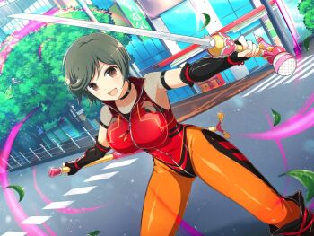 1girl black_bodysuit black_gloves black_hair blush bodysuit breasts brown_eyes building city collarbone crosswalk day elbow_gloves energy falling_leaves fingerless_gloves fishnet_top fishnets full-length_zipper gashapon gloves gluteal_fold holding holding_microphone holding_microphone_stand holding_sheath holding_sword holding_weapon intersection katana large_breasts leaf light_particles looking_at_viewer mai_(senran_kagura) microphone microphone_stand motion_lines multicolored_bodysuit official_alternate_costume official_art open_mouth orange_bodysuit outdoors plant railing red_bodysuit road senran_kagura senran_kagura_new_link senran_kagura_new_wave sheath shiny_skin short_hair sidewalk skin_tight smile solo standing street sword tongue translation_request tree unsheathed v-shaped_eyebrows vending_machine weapon window yaegashi_nan zipper zipper_pull_tab