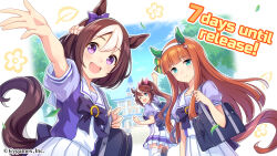 Rule 34 | 3girls, animal ears, arm up, back bow, bag, blue eyes, blue sky, blunt bangs, bow, bowtie, breasts, brown hair, building, clenched hands, closed mouth, cloud, collarbone, company name, copyright notice, cygames, ear covers, ear ornament, ear ribbon, english text, floating, floating clothes, floating hair, flower, frilled skirt, frills, from behind, hair between eyes, hair ornament, hairband, highres, horse ears, horse girl, horse tail, horseshoe ornament, leaf, loafers, long hair, looking at viewer, looking back, medium breasts, multicolored hair, multiple girls, official art, one eye closed, open hand, open mouth, outdoors, pink ribbon, plaid clothes, plaid skirt, ponytail, puffy short sleeves, puffy sleeves, purple bow, purple eyes, ribbon, sailor collar, school bag, school uniform, second-party source, shoes, short sleeves, silence suzuka (umamusume), skirt, sky, small breasts, smile, special week (umamusume), standing, standing on one leg, summer uniform, tail, teeth, thighhighs, tokai teio (umamusume), tracen academy, tracen school uniform, tree, umamusume, upper body, upper teeth only, white hair, white skirt, white thighhighs, zettai ryouiki