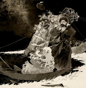 1boy 1girl ateveryone beret blush boat book book_holster chinese_commentary closed_eyes closed_mouth coat commentary dress feet_out_of_frame flute fringe_trim gloves grass hat hat_feather highres holding holding_flute holding_instrument identity_v instrument lake long_coat long_dress long_hair long_sleeves looking_ahead memory_(compasso)_(identity_v) memory_(identity_v) monochrome monocle music night on_boat open_clothes open_coat orpheus_(genesis)_(identity_v) orpheus_(identity_v) outdoors overgrown parted_bangs plant playing_flute playing_instrument profile puritan_collar robe ruins sepia shawl shore short_hair single_glove sitting standing tower tree unworn_hat unworn_headwear very_long_hair vines wading watercraft wavy_hair wind