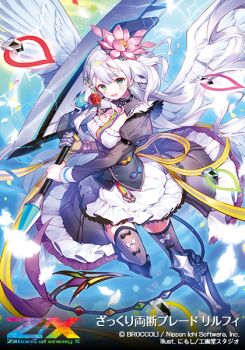 1girl armored_boots black_bow black_dress black_thighhighs blue_bow boots bow bow_legwear copyright_logo copyright_name copyright_notice dragon_tail dress dress_bow elbow_gloves electricity feathered_wings feathers flower gloves green_eyes hair_flower hair_ornament holding holding_sword holding_weapon huge_weapon ibara_riato logo long_hair lyrph_(z/x) multicolored_dress official_art open_mouth pink_flower purple_bow purple_dress red_flower single_elbow_glove solo sword tail tail_bow tail_ornament thighhighs weapon white_bow white_dress white_feathers white_hair white_wings wings yellow_bow z/x