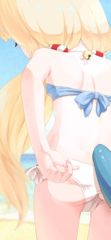 1girl absurdres adjusting_clothes adjusting_swimsuit animal_ears ass beach bikini blonde_hair cameltoe cat_ears female_focus fins fish_tail from_behind highres imuroy00 indie_virtual_youtuber legs lifebuoy_hair_ornament loli long_hair long_twintails ocean sameko_saba side-tie_bikini_bottom sky solo swimsuit tail thighs twintails virtual_youtuber