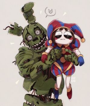 1boy 1girl :d animal_ears animatronic artist_name asymmetrical_footwear asymmetrical_gloves blue_gloves blue_hat blue_shoes blush_stickers brown_hair commentary english_commentary five_nights_at_freddy&#039;s five_nights_at_freddy&#039;s_3 gloves grey_background hands_up hat highres jester jester_cap lifting_person looking_at_viewer mismatched_footwear mismatched_gloves multicolored_hat open_mouth parted_lips pomni_(the_amazing_digital_circus) puffy_short_sleeves puffy_sleeves rabbit_ears raised_eyebrows red_gloves red_hat red_shoes rorokonaa shoes short_hair short_sleeves simple_background smile smiley_face speech_bubble springtrap striped_clothes striped_headwear sweatdrop teeth the_amazing_digital_circus vertical-striped_clothes vertical-striped_headwear wide-eyed