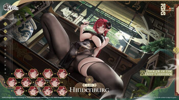 1girl azur_lane black_horns breasts character_name china_dress chinese_clothes commentary curled_horns demon_horns dragon_print dress english_commentary english_text expression_chart highres hindenburg_(azur_lane) hindenburg_(dancer_of_the_deep_chamber)_(azur_lane) horns huge_breasts indoors long_hair looking_at_viewer multiple_expressions official_alternate_costume official_art pelvic_curtain pointy_ears print_dress red_eyes red_hair spread_legs squatting thighs underboob very_long_hair