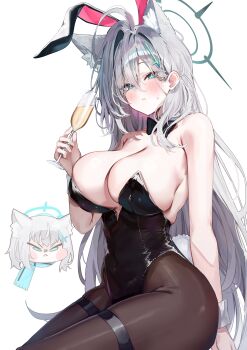 1girl absurdres animal_ear_fluff animal_ears bare_shoulders black_bow black_bowtie black_leotard black_pantyhose blue_archive blue_halo blush bow bowtie breasts champagne_flute cleavage commentary_request cross_hair_ornament cup drinking_glass extra_ears fake_animal_ears grey_eyes grey_hair grey_halo hair_between_eyes hair_ornament halo hand_up highleg highleg_leotard highres holding holding_cup huge_breasts kuroshiro_kanae leotard long_hair looking_at_viewer pantyhose parted_lips playboy_bunny rabbit_ears shiroko_(blue_archive) shiroko_terror_(blue_archive) simple_background sitting small_sweatdrop solo strapless strapless_leotard thigh_strap very_long_hair white_background white_wrist_cuffs wolf_ears wrist_cuffs