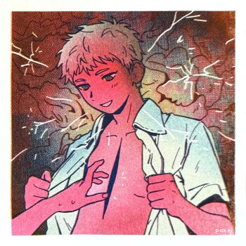 2boys body_horror deep_wound highres hikaru_ga_shinda_natsu indou_hikaru injury looking_at_another male_chest male_focus multicolored_eyes multiple_boys open_clothes open_shirt poxeii reaching reaching_towards_another shirt short_hair smile tsujinaka_yoshiki two-tone_eyes white_hair white_shirt yaoi