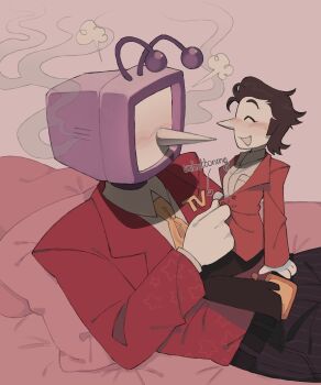 2boys absurdres ant_tenna black_hair closed_eyes collared_shirt colored_skin crt deltarune edengelical gloves hair_slicked_back highres jacket male_focus multiple_boys necktie no_ears object_head pants pointy_nose red_jacket shirt short_hair sideburns smile smoke_from_head spamton_g._spamton spamton_g._spamton_(big_shot) undressing_another utdr_(toby_fox) white_gloves white_skin yaoi yellow_necktie