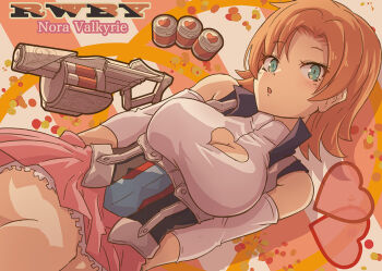 Rule 34 | 1girl, :o, ammunition, aqua eyes, arms behind back, bare shoulders, black vest, breasts, character name, cleavage, cleavage cutout, clothing cutout, commentary request, copyright name, cowboy shot, detached sleeves, diagonal-striped background, explosive, frilled skirt, frills, grenade, grenade cartridge, grenade launcher, heart, heart cutout, large-caliber cartridge, looking at viewer, magnhild, medium hair, miniskirt, moai (moai world), nora valkyrie, open clothes, open mouth, open vest, orange hair, pink background, pink skirt, revolver grenade launcher, rwby, shirt, skirt, sleeveless, sleeveless shirt, solo, striped background, three-quarter sleeves, turtleneck, turtleneck shirt, vest, weapon, white background, white sleeves, white trim, yellow background