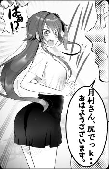 1boy 1girl absurdres ass black_border border breasts commentary_request cowboy_shot emphasis_lines floating_hair from_behind gakuen_idolmaster greyscale highres idolmaster long_hair looking_back monochrome open_mouth producer_(idolmaster) shimono_cable shirt short_sleeves skirt solo_focus speech_bubble standing sweatdrop translation_request tsukimura_temari