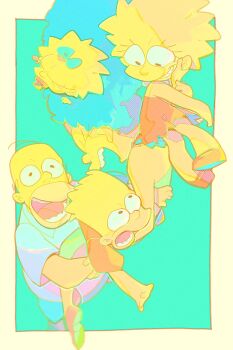 2boys 2girls :d aqua_background bald bare_shoulders bart_simpson bead_necklace beads beard_stubble blonde_hair blue_bow blue_hair blue_pants bow brother_and_sister carrying carrying_person closed_eyes collared_shirt colored_skin colorful denim dogpile dress eyelashes facial_hair family father_and_daughter father_and_son green_dress grin hair_bow halftone happy highres homer_simpson hug human_tower husband_and_wife jeans jewelry kinako_(moment) laughing lisa_simpson long_eyelashes looking_down looking_up maggie_simpson marge_simpson mother_and_daughter mother_and_son multiple_boys multiple_girls necklace neon_palette on_shoulder open_mouth pacifier pants pearl_necklace red_footwear red_shirt round_teeth sandals shirt siblings sisters sitting_on_shoulder sleeping smile spiked_hair stacking strapless strapless_dress stubble t-shirt teeth the_simpsons tube_dress white_shirt yellow_skin