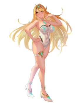 1girl absurdres armpits bare_shoulders blonde_hair blush breasts cleavage commentary earrings full_body high_heels highres ibouki jewelry large_breasts long_hair looking_at_viewer mythra_(radiant_beach)_(xenoblade) mythra_(xenoblade) one-piece_swimsuit simple_background solo strapless strapless_one-piece_swimsuit swimsuit tiara watermark white_background white_one-piece_swimsuit xenoblade_chronicles_(series) xenoblade_chronicles_2 yellow_eyes