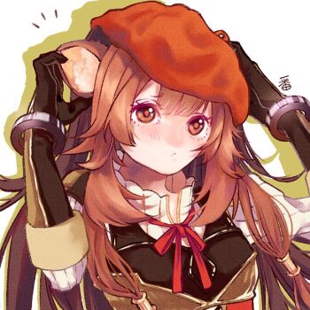 1girl animal_ear_fluff animal_ears armor beret blunt_bangs breastplate breasts brown_armor brown_gloves brown_hair closed_mouth collared_dress commentary double-parted_bangs dress elbow_gloves gloves hat high_collar layered_dress leather_armor long_hair long_sleeves looking_at_viewer medium_breasts metal_hair_tubes metal_wrist_cuffs neck_ribbon notice_lines pauldrons pinstripe_dress pinstripe_pattern portrait pout raccoon_ears raccoon_girl raphtalia red_dress red_eyes red_hat red_ribbon ribbon ruihong0 shoulder_armor signature single_pauldron solo tate_no_yuusha_no_nariagari white_dress